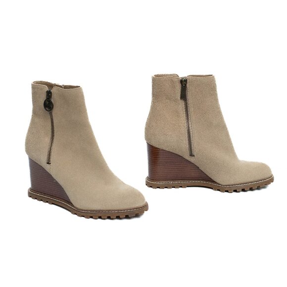MICHAEL MICHAEL KORS Womens 7 M Beige Evelyn Round Toe Wedge Leather Booties - Picture 1 of 15